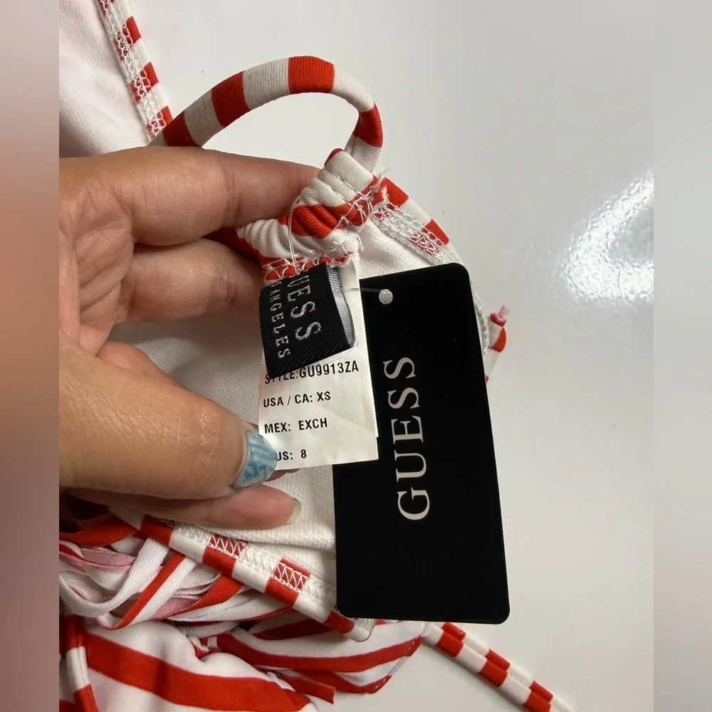 NWT Guess String Striped Print Bikini Set with Fringe Detailing Red & White XS